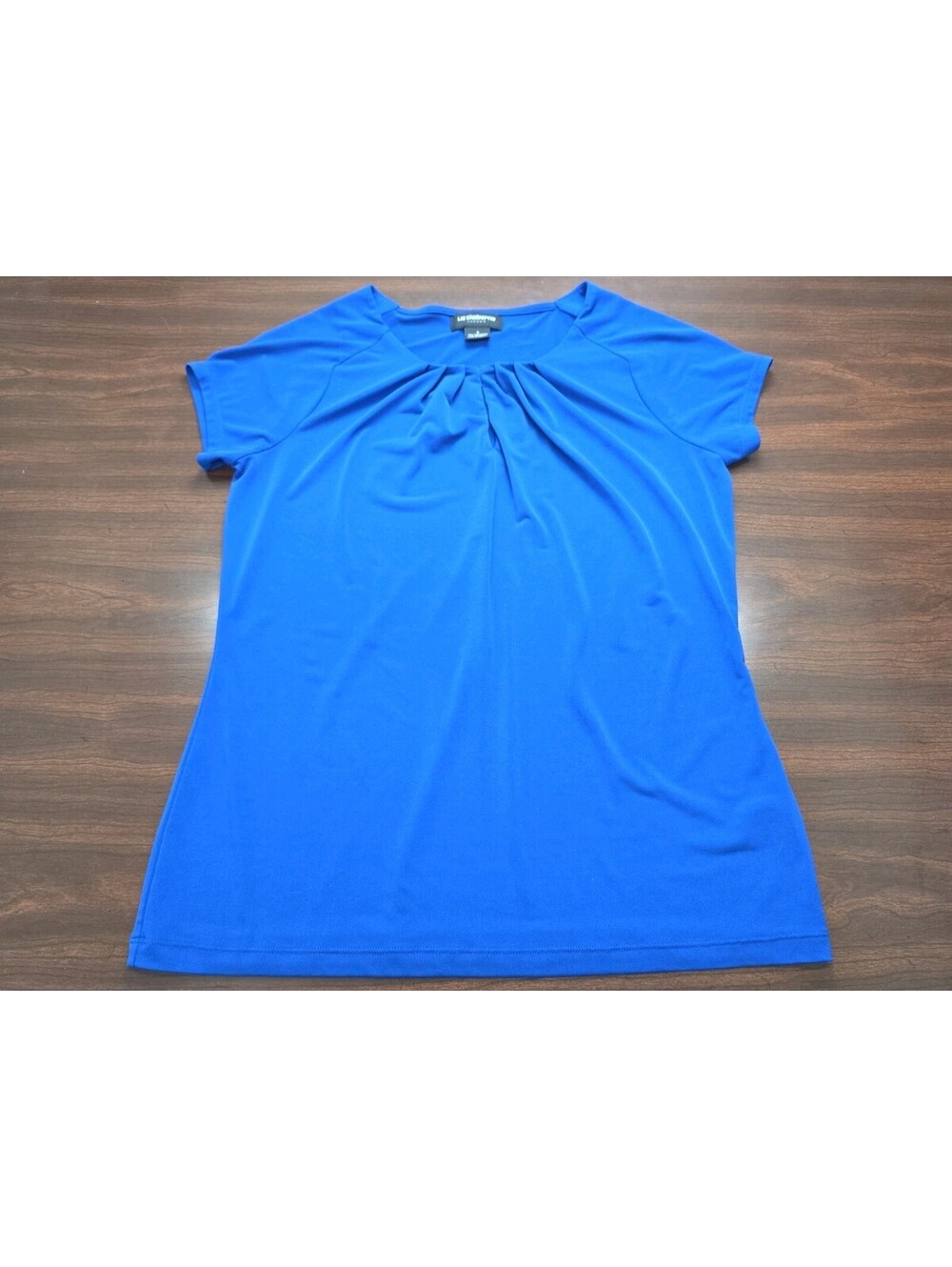 Liz Claiborne Small Career Top Blue Short Sleeve Pleated Neck Workwear Blouse